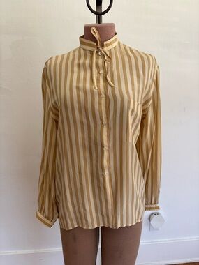 Vintage Mustard and Cream Striped Tie-Neck Button-Down Blouse